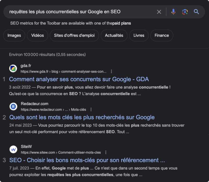 SERP - recherche Google des termes les plus concurrentiels